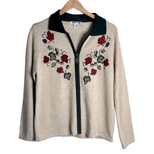 Vintage Allison Daley Embroidered Fall Leaves Zip Cardigan Sweater Size S